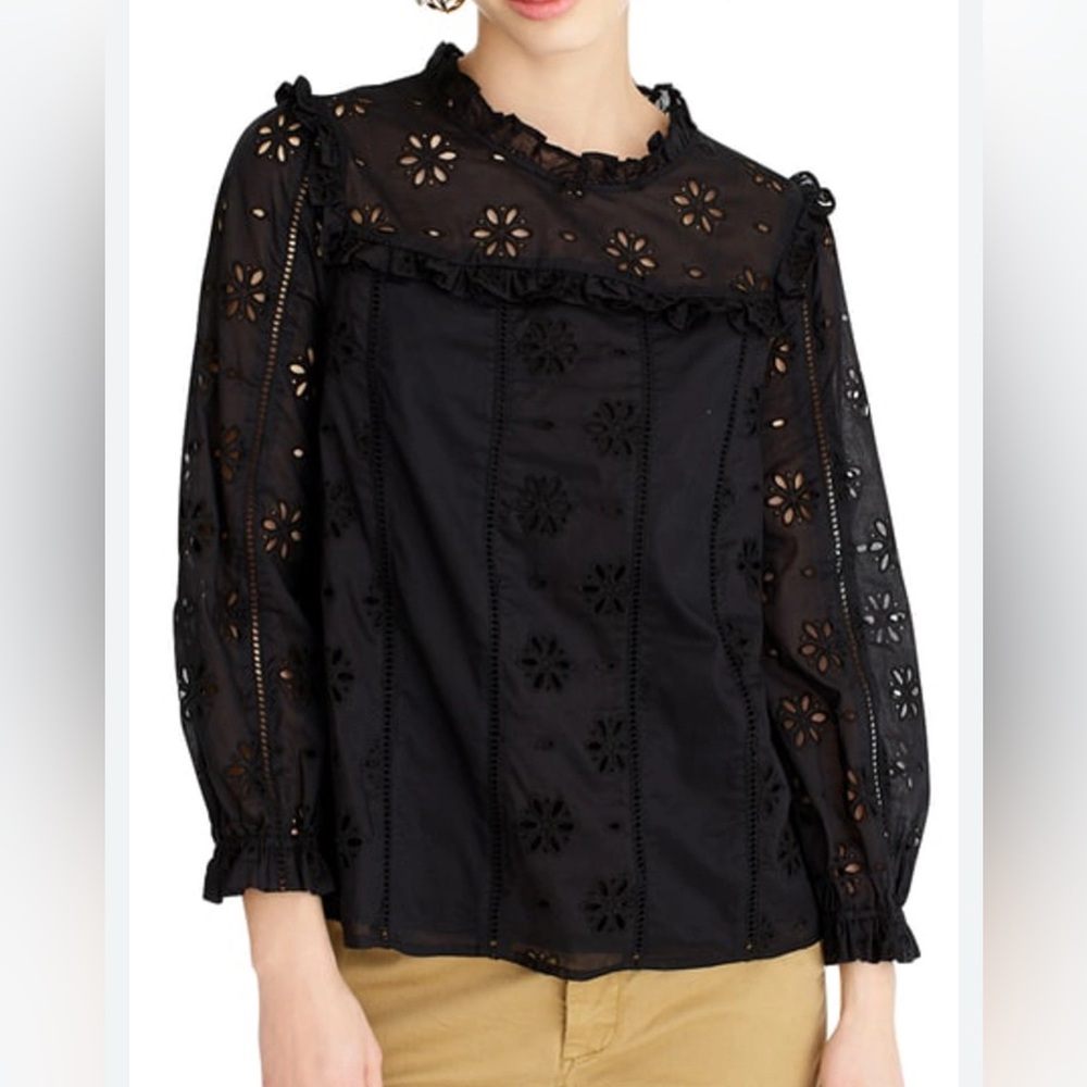 J. Crew black ruffle-neck eyelet 100% cotton blouse size medium
